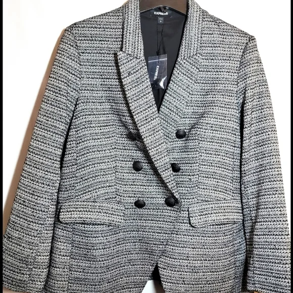 EXPRESS BLAZER L BLACK WHITE TEXTURED METALLIC DOUBLE BREASTED NOVELTY BUTTON